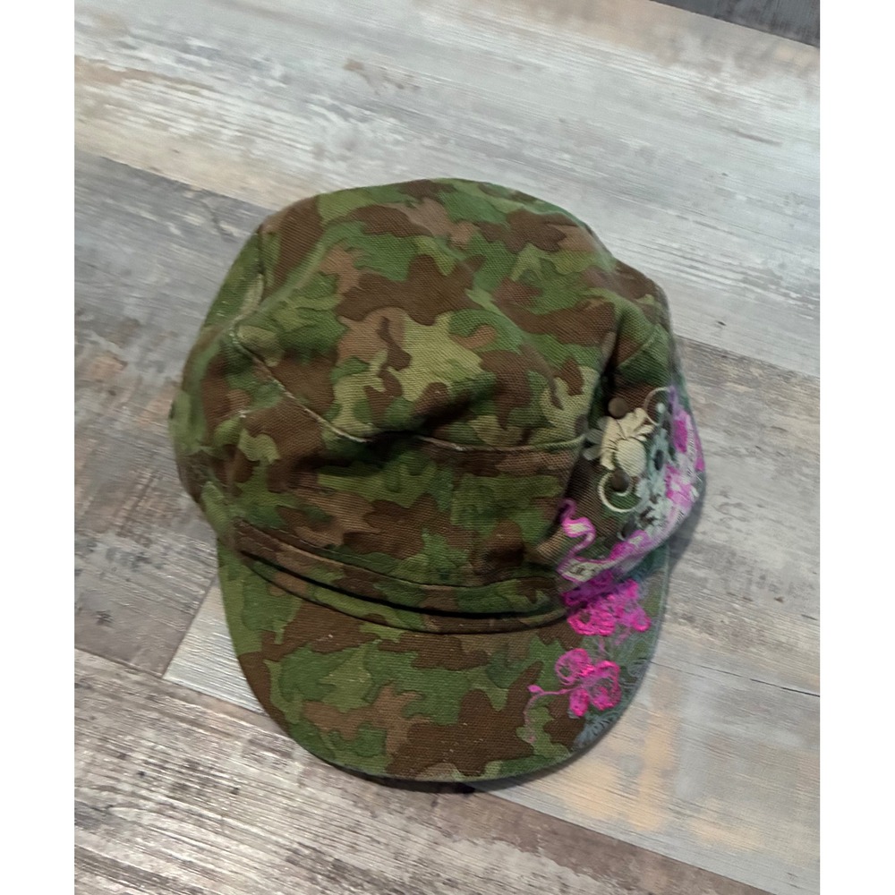 Wet Seal Womens Camo Cadet Hat Pink Floral Embroidery Military Cap M/L